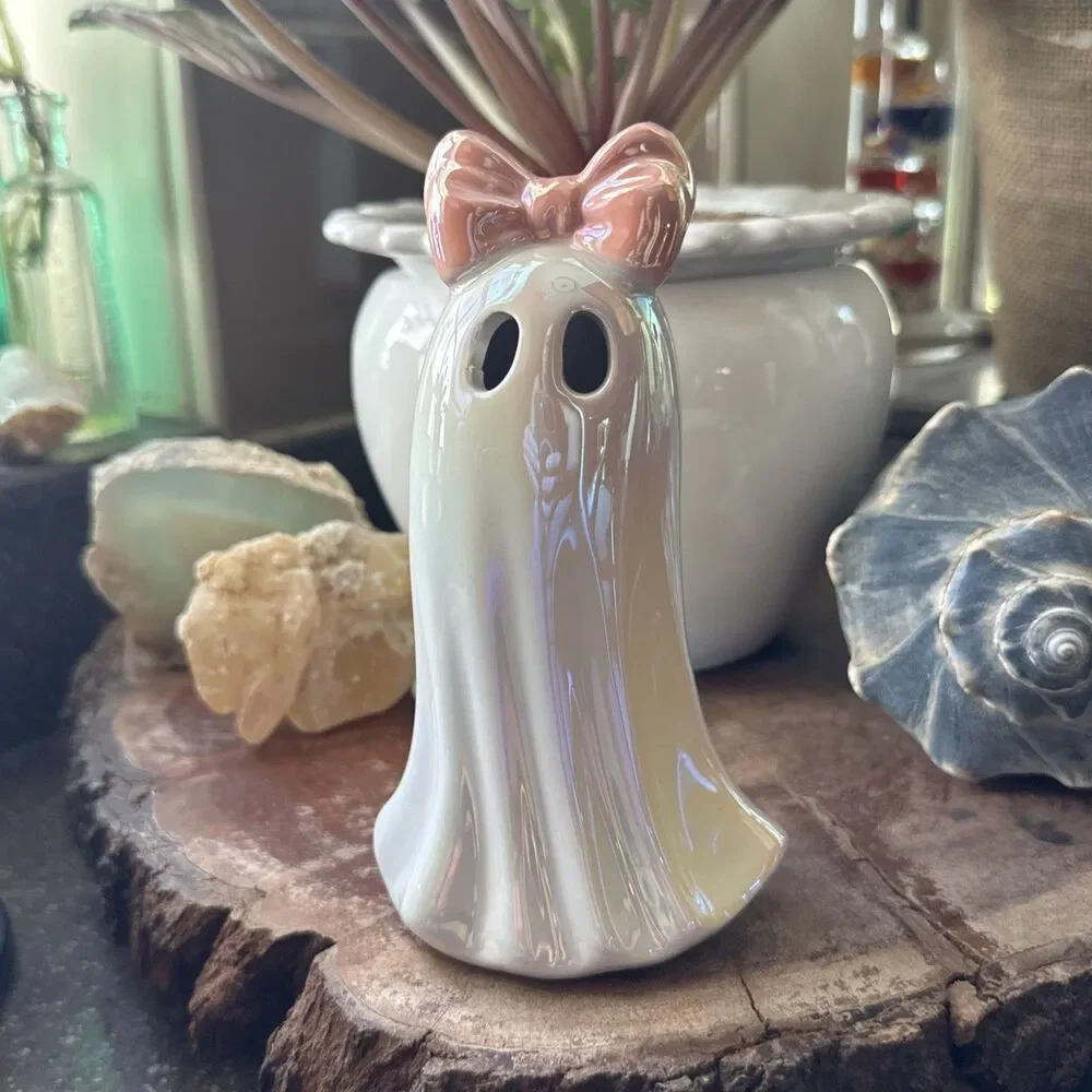Ceramic Ghost LED Light Iridescent Pink Bow Halloween Decor 6” Battery Operated